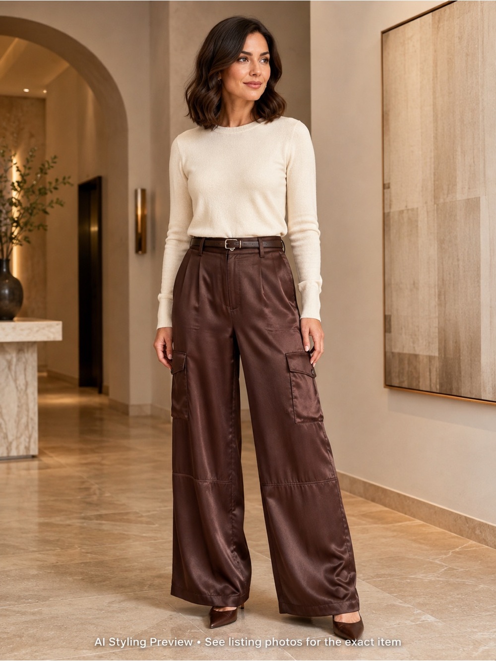 Part Two US 8-10 Brown Satin Wide Leg Cargo Pants High Rise Utility 40